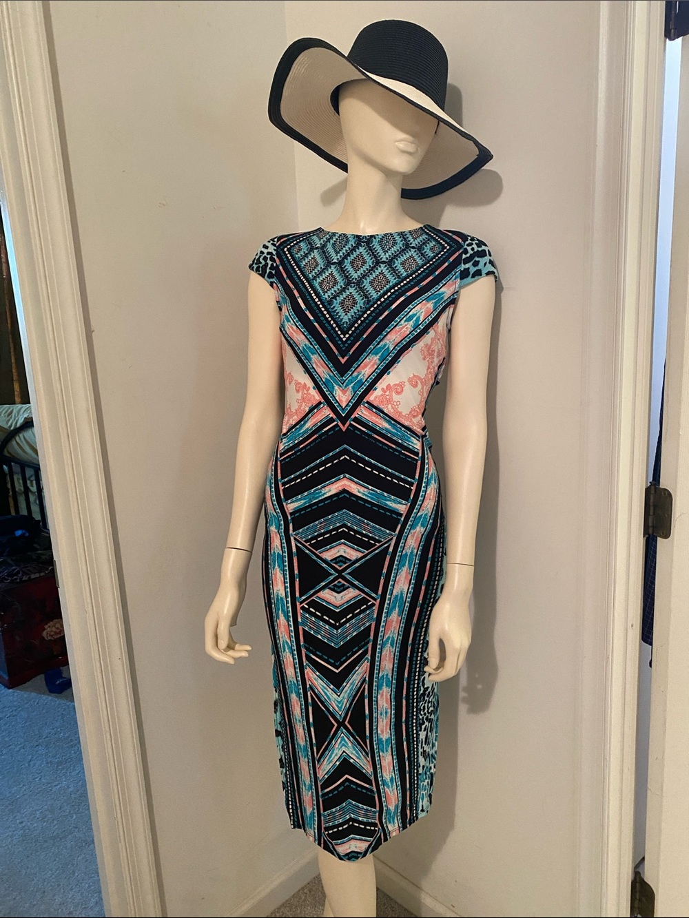 Rubber Ducky Productions Geometric Midi Dress in Teal, Black & Pink